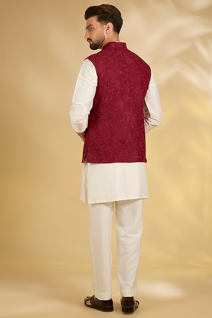 Red Silk Nehru Jacket Set by Samant Chauhan Men at Pernia's Pop Up Shop