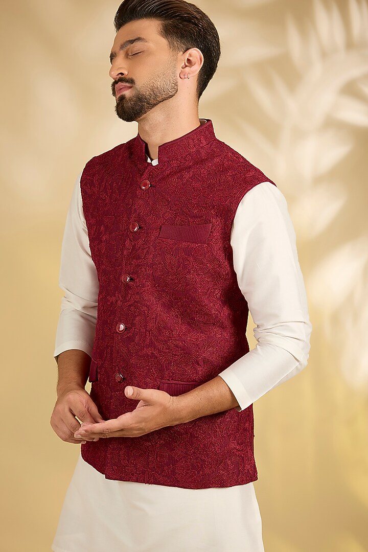 Red Silk Nehru Jacket Set by Samant Chauhan Men at Pernia's Pop Up Shop