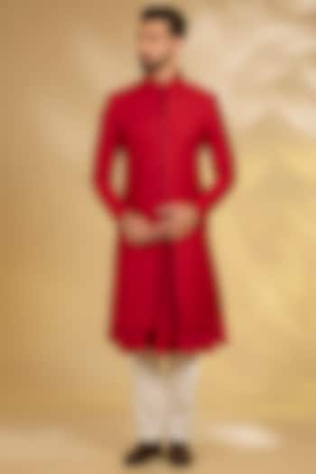 Red Silk Groom Sherwani Set by Samant Chauhan Men at Pernia's Pop Up Shop