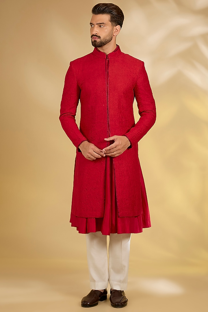 Red Silk Groom Sherwani Set by Samant Chauhan Men at Pernia's Pop Up Shop