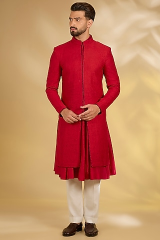 Red Silk Sherwani Set by Samant Chauhan Men