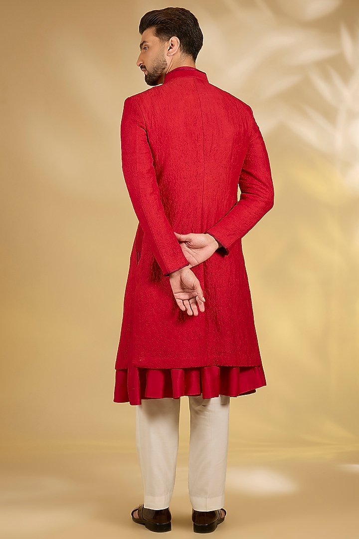 Red Silk Groom Sherwani Set by Samant Chauhan Men at Pernia's Pop Up Shop