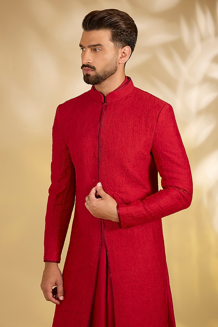 Red Silk Groom Sherwani Set by Samant Chauhan Men at Pernia's Pop Up Shop