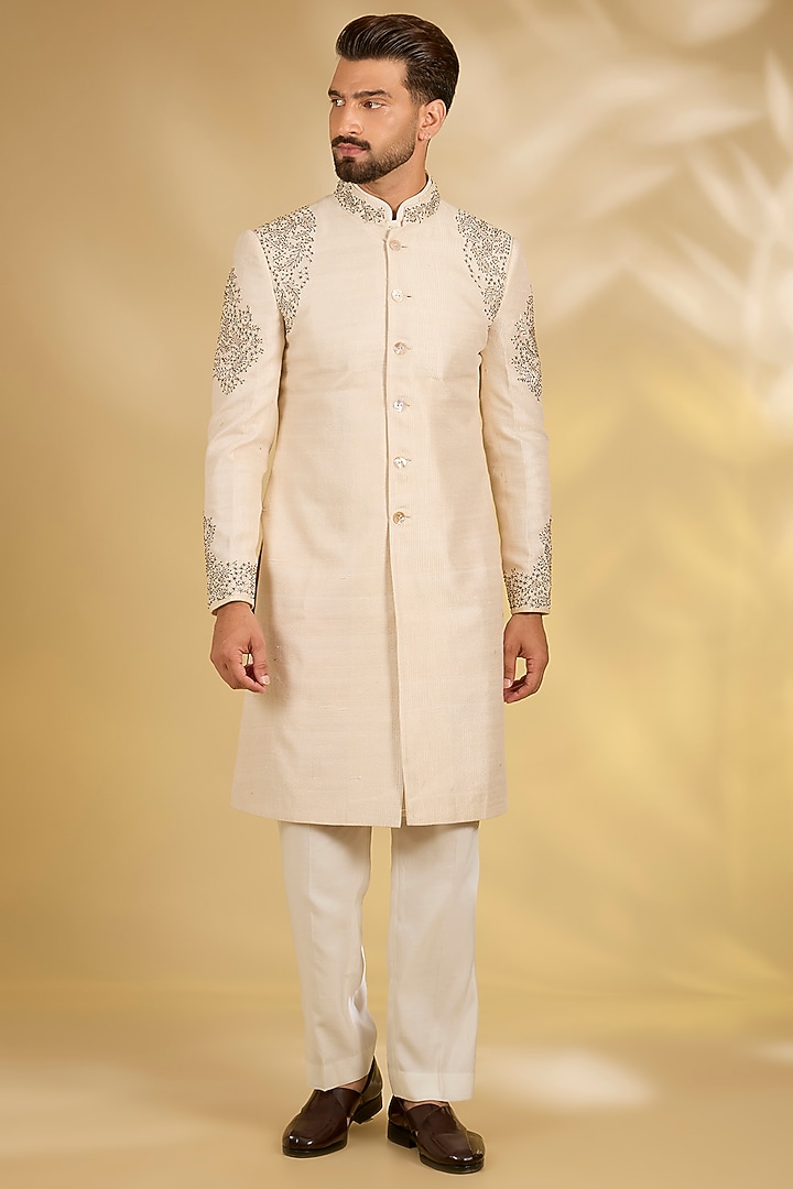 Ivory Silk Groom Sherwani Set by Samant Chauhan Men at Pernia's Pop Up Shop