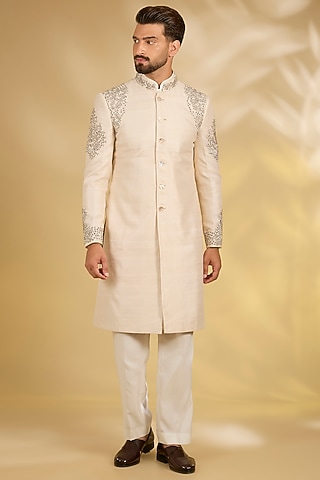 Ivory Silk Sherwani Set by Samant Chauhan Men