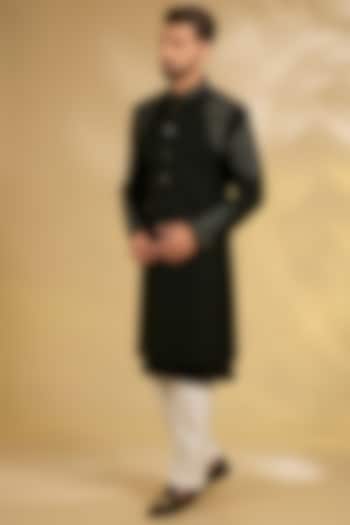 Black Silk Groom Sherwani Set by Samant Chauhan Men at Pernia's Pop Up Shop