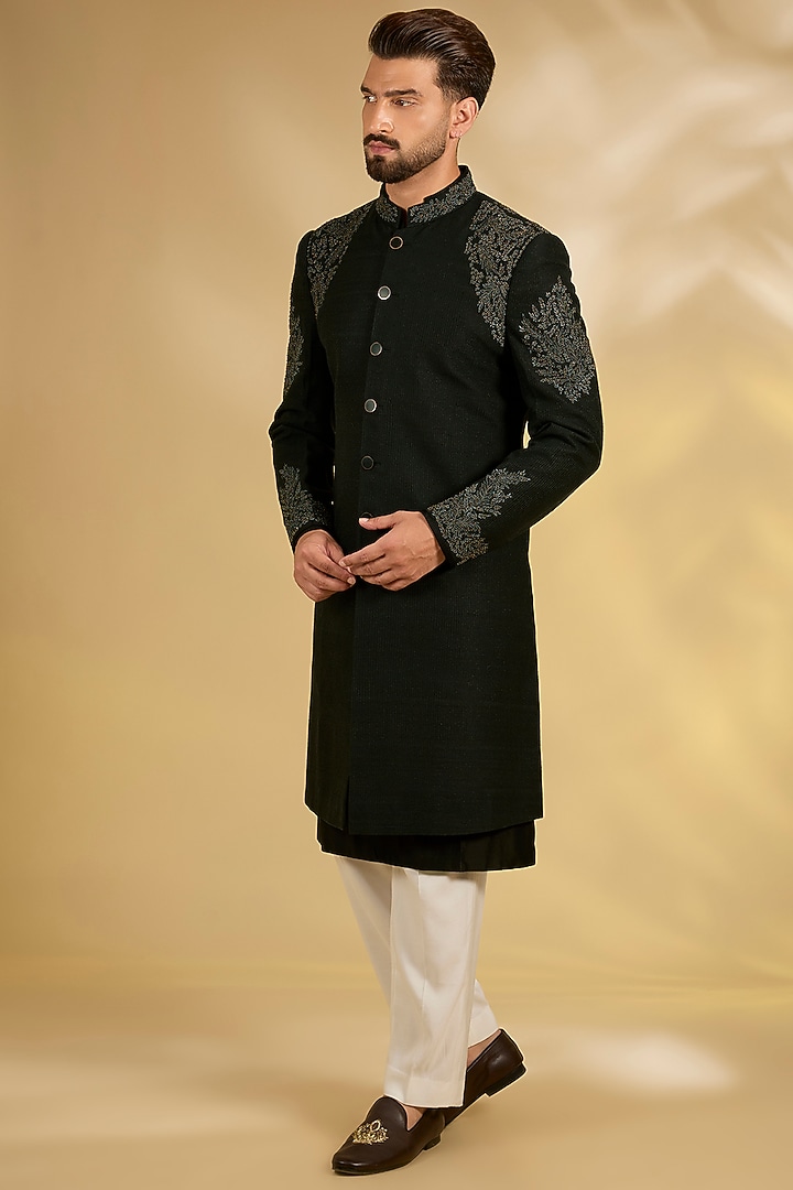 Black Silk Groom Sherwani Set by Samant Chauhan Men at Pernia's Pop Up Shop