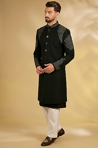 Black Silk Sherwani Set by Samant Chauhan Men