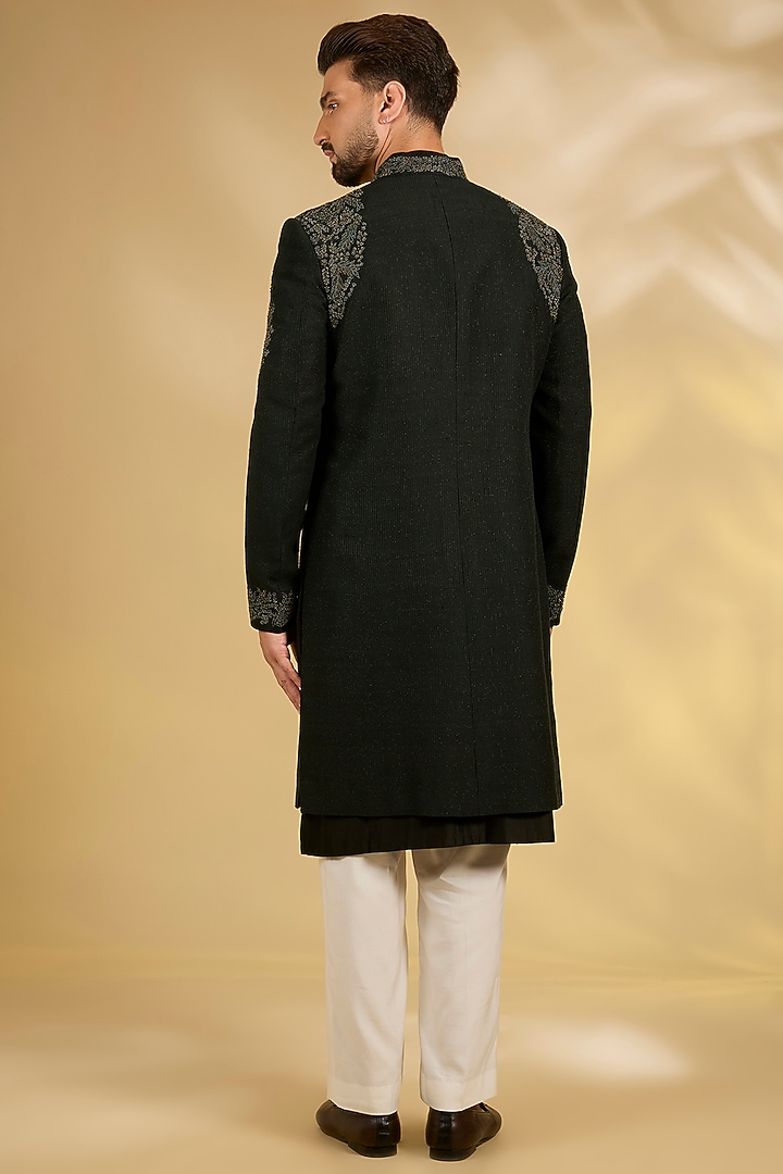 Black Silk Groom Sherwani Set by Samant Chauhan Men at Pernia's Pop Up Shop