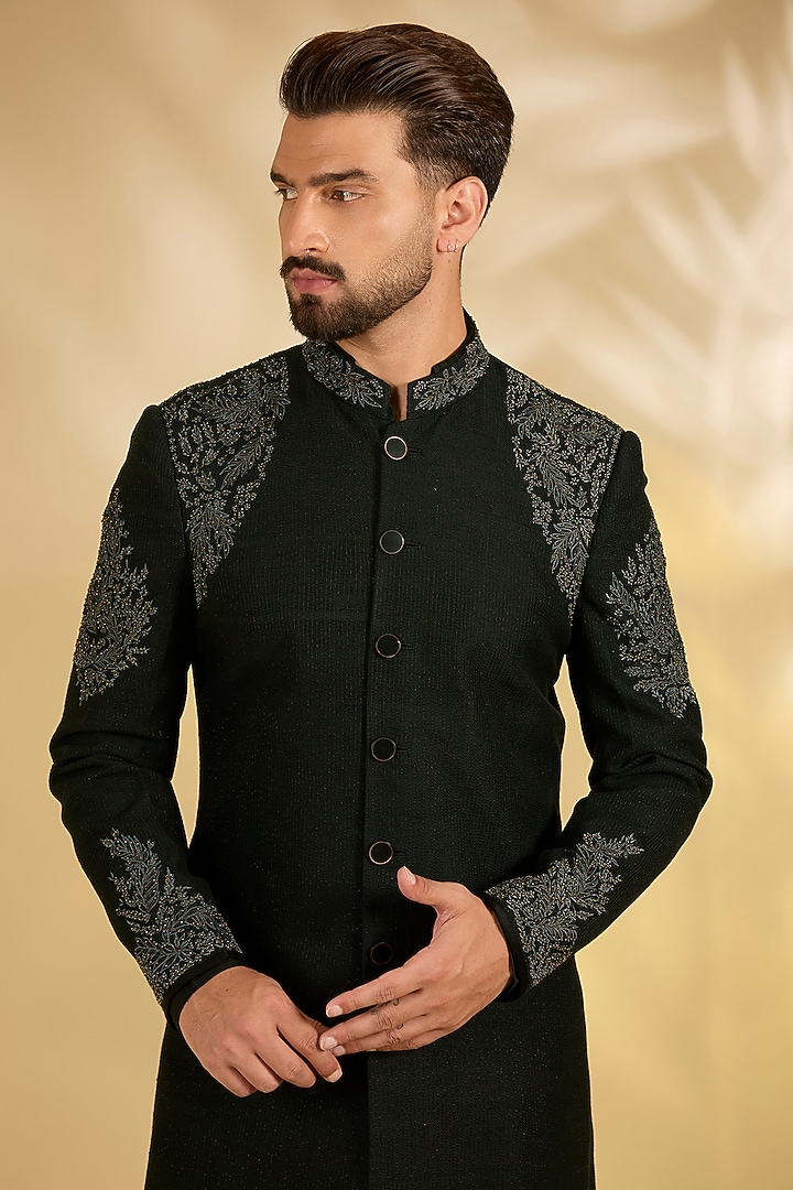Black Silk Groom Sherwani Set by Samant Chauhan Men at Pernia's Pop Up Shop