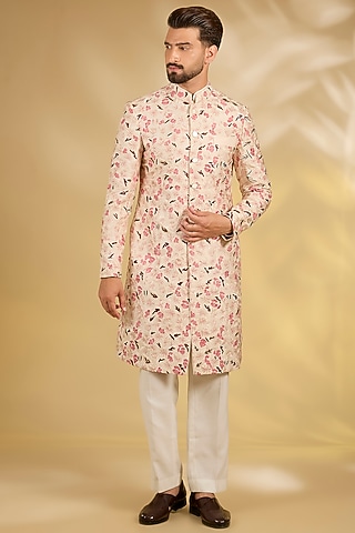 Ivory Silk Sherwani Set by Samant Chauhan Men