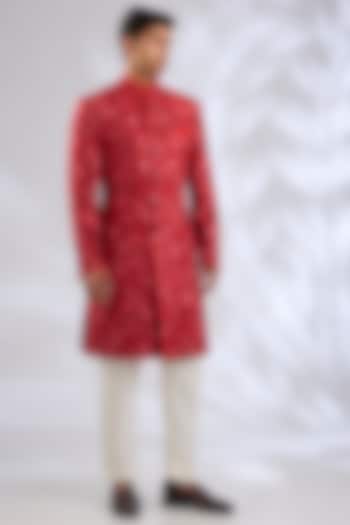 Red Silk Groom Sherwani Set by Samant Chauhan Men at Pernia's Pop Up Shop