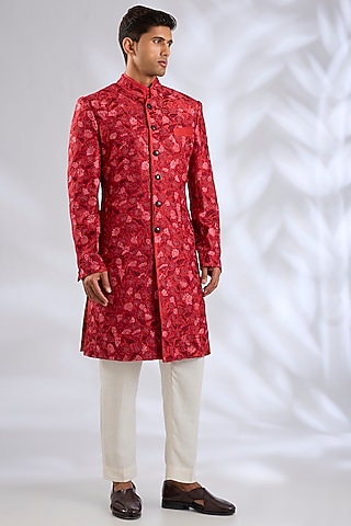 Red Silk Sherwani Set by Samant Chauhan Men