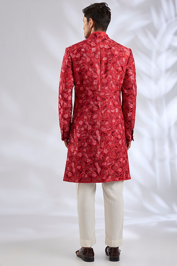 Red Silk Groom Sherwani Set by Samant Chauhan Men at Pernia's Pop Up Shop