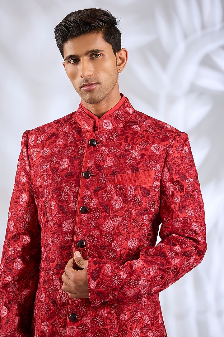 Red Silk Groom Sherwani Set by Samant Chauhan Men at Pernia's Pop Up Shop