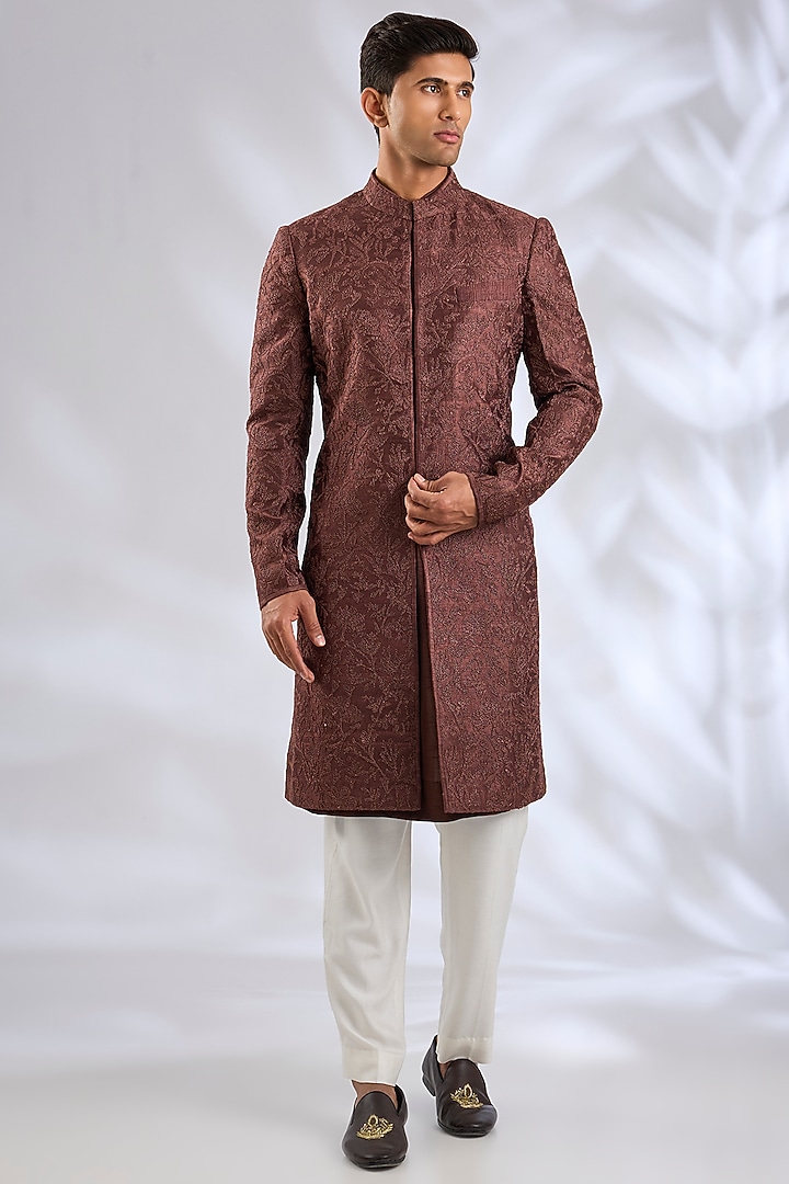 Brown Silk Groom Sherwani Set by Samant Chauhan Men at Pernia's Pop Up Shop