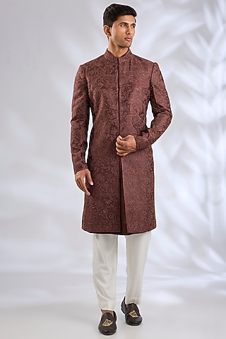 Brown Silk Sherwani Set by Samant Chauhan Men
