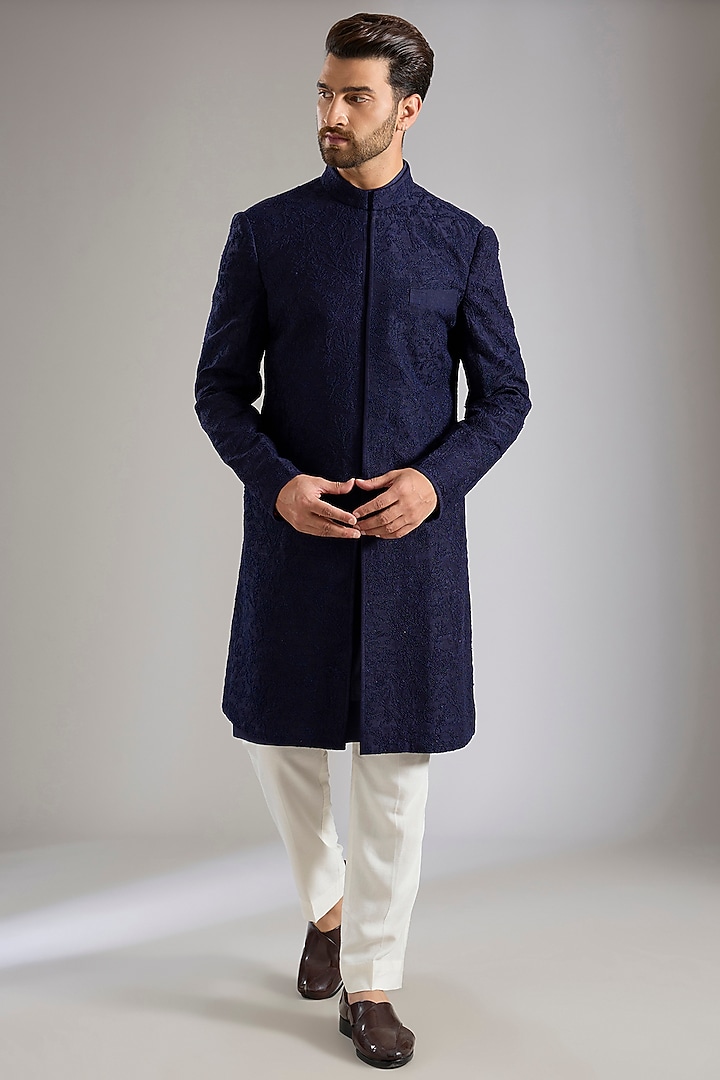 Blue Silk Groom Sherwani Set by Samant Chauhan Men at Pernia's Pop Up Shop