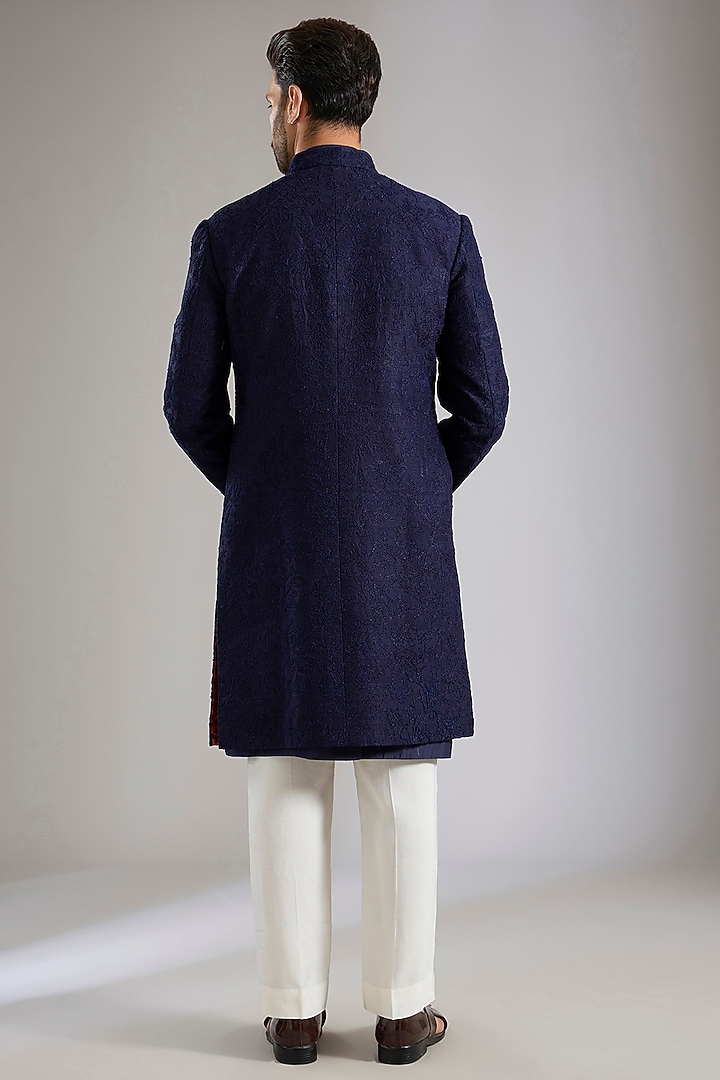 Blue Silk Groom Sherwani Set by Samant Chauhan Men at Pernia's Pop Up Shop
