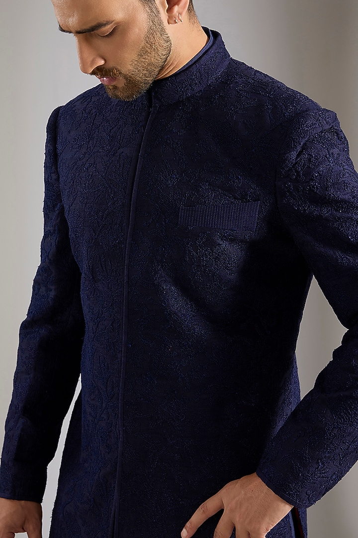 Blue Silk Groom Sherwani Set by Samant Chauhan Men at Pernia's Pop Up Shop