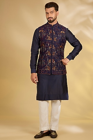 Blue Silk Bundi Jacket Set by Samant Chauhan Men