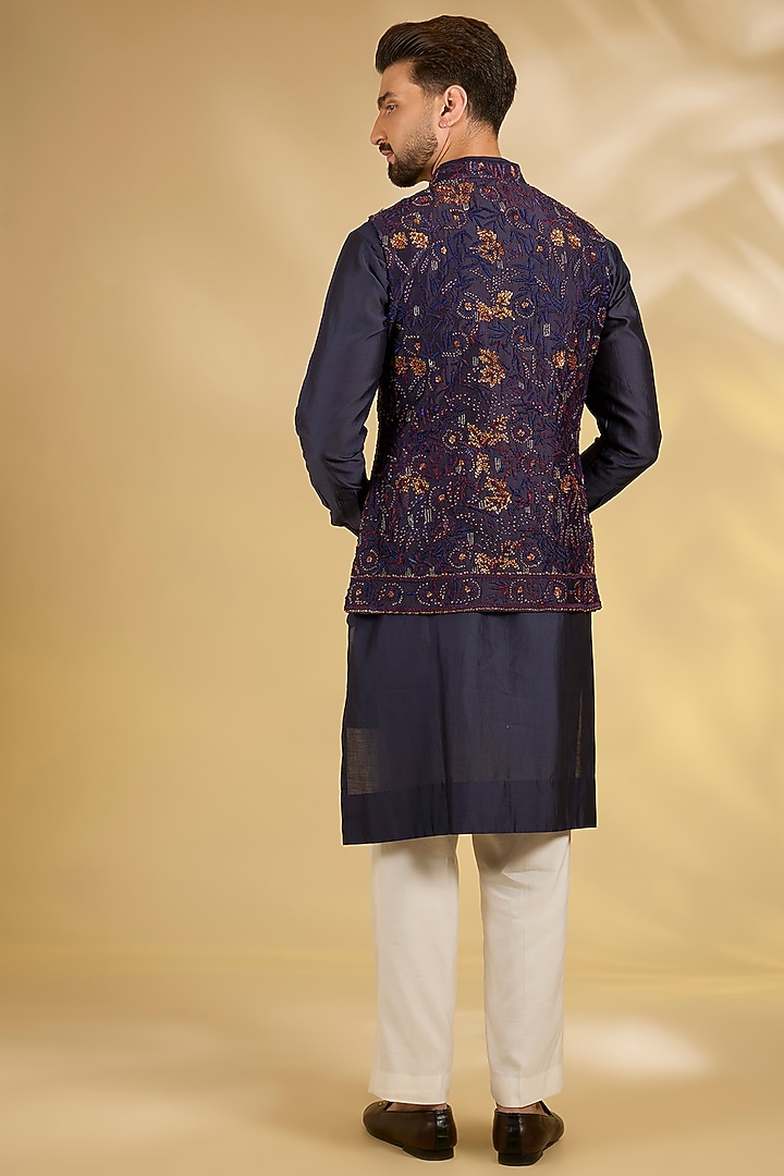 Blue Silk Bundi Jacket Set by Samant Chauhan Men at Pernia's Pop Up Shop