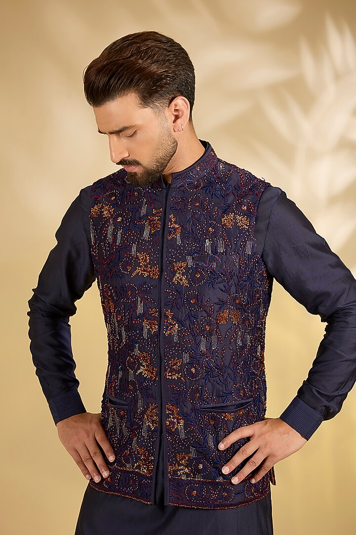 Blue Silk Bundi Jacket Set by Samant Chauhan Men at Pernia's Pop Up Shop