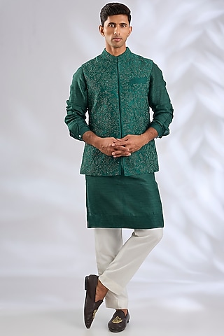 Emerald Green Silk Bundi Jacket Set by Samant Chauhan Men