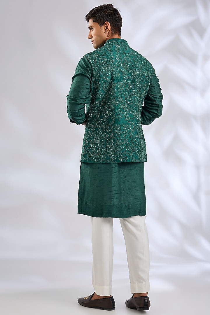 Emerald Green Silk Bundi Jacket Set by Samant Chauhan Men at Pernia's Pop Up Shop