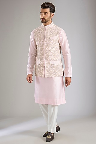 Ivory Silk Bundi Jacket Set by Samant Chauhan Men