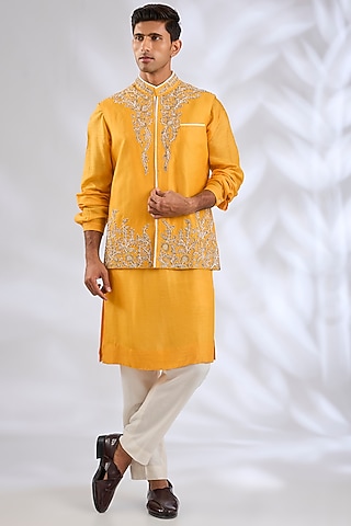 Yellow Silk Bundi Jacket Set by Samant Chauhan Men