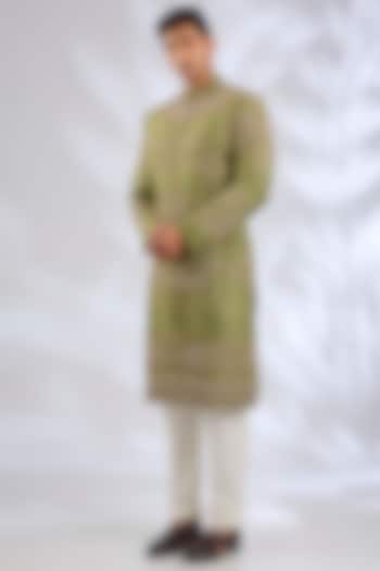 Olive Green Silk Groom Sherwani Set by Samant Chauhan Men at Pernia's Pop Up Shop