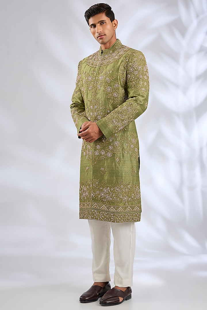 Olive Green Silk Groom Sherwani Set by Samant Chauhan Men at Pernia's Pop Up Shop