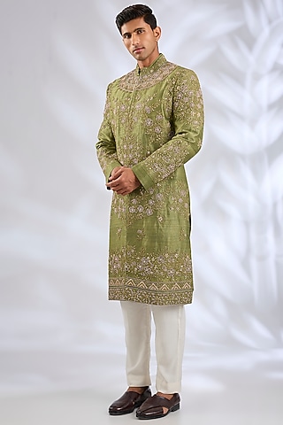 Olive Green Silk Sherwani Set by Samant Chauhan Men