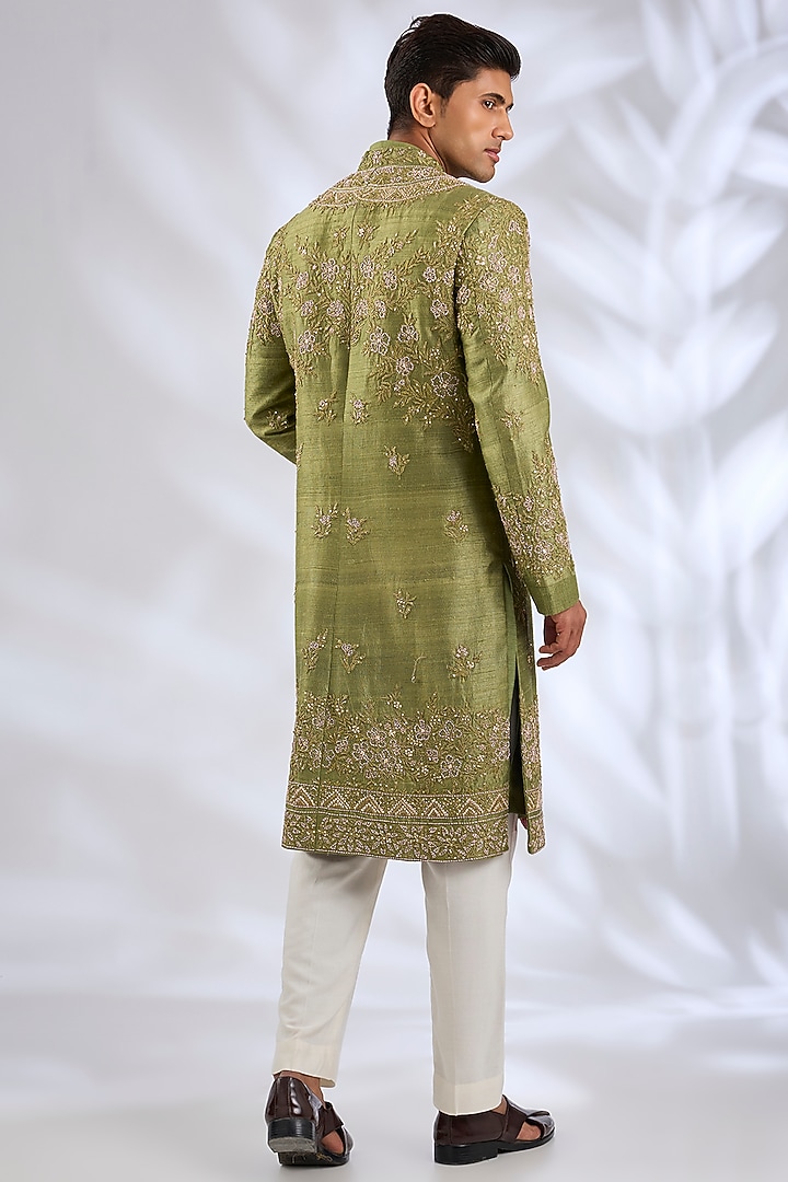 Olive Green Silk Groom Sherwani Set by Samant Chauhan Men at Pernia's Pop Up Shop