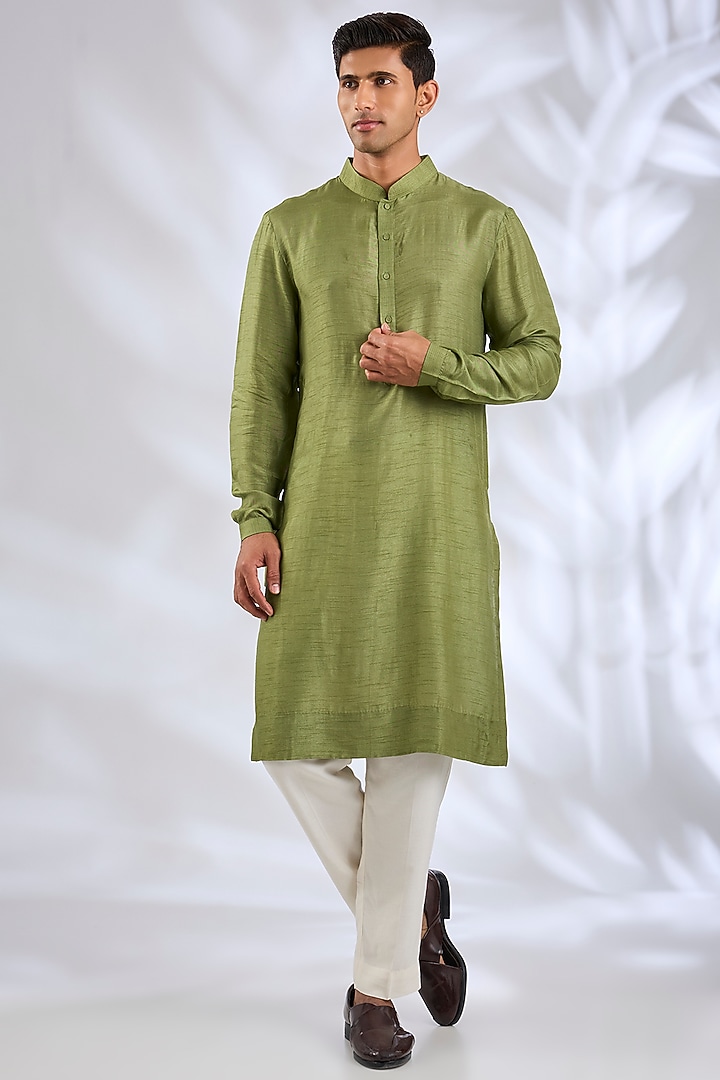 Olive Green Silk Groom Sherwani Set by Samant Chauhan Men at Pernia's Pop Up Shop