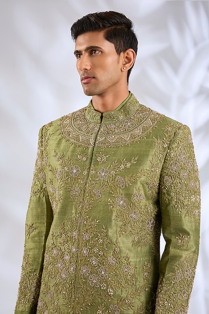 Olive Green Silk Groom Sherwani Set by Samant Chauhan Men at Pernia's Pop Up Shop