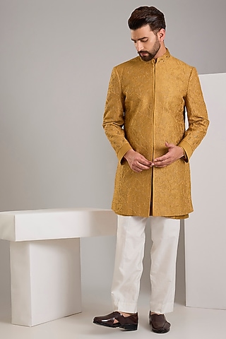 Mustard Silk Indowestern Set by Samant Chauhan Men
