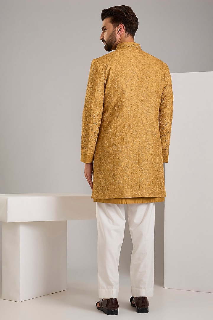 Mustard Silk Groom Indowestern Set by Samant Chauhan Men at Pernia's Pop Up Shop