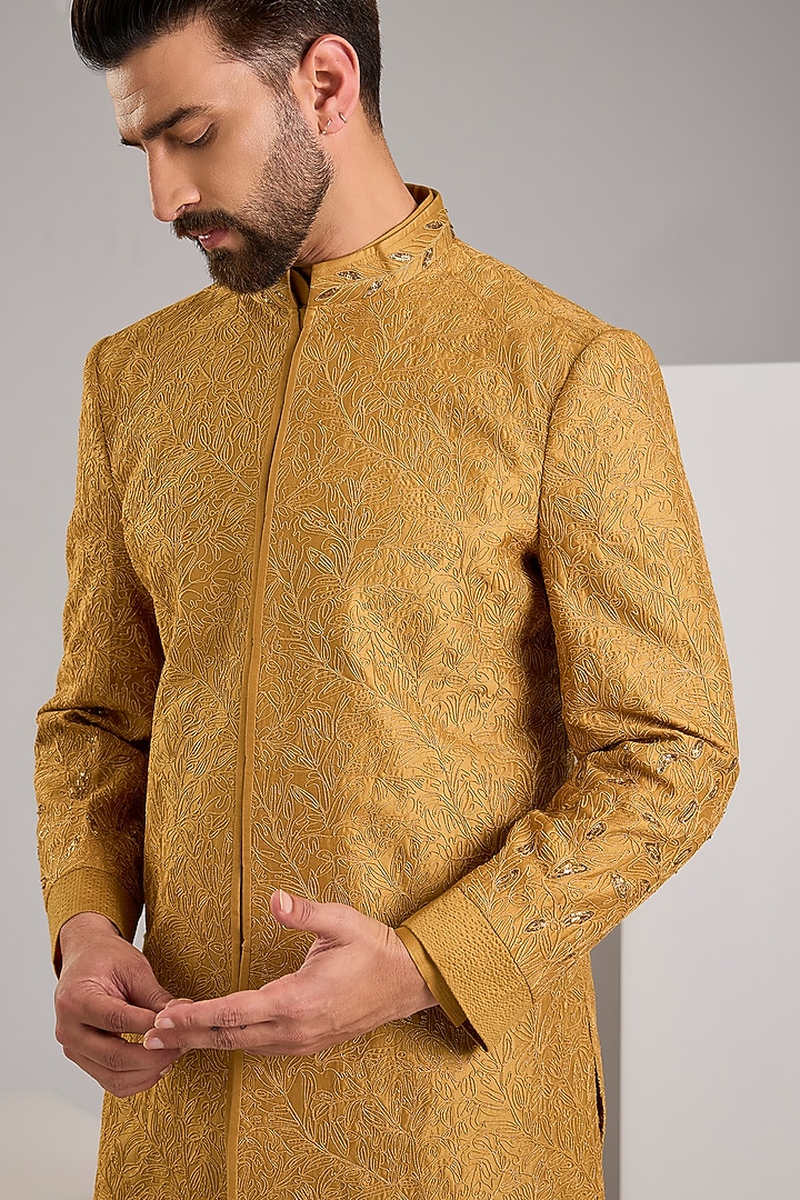 Mustard Silk Groom Indowestern Set by Samant Chauhan Men at Pernia's Pop Up Shop