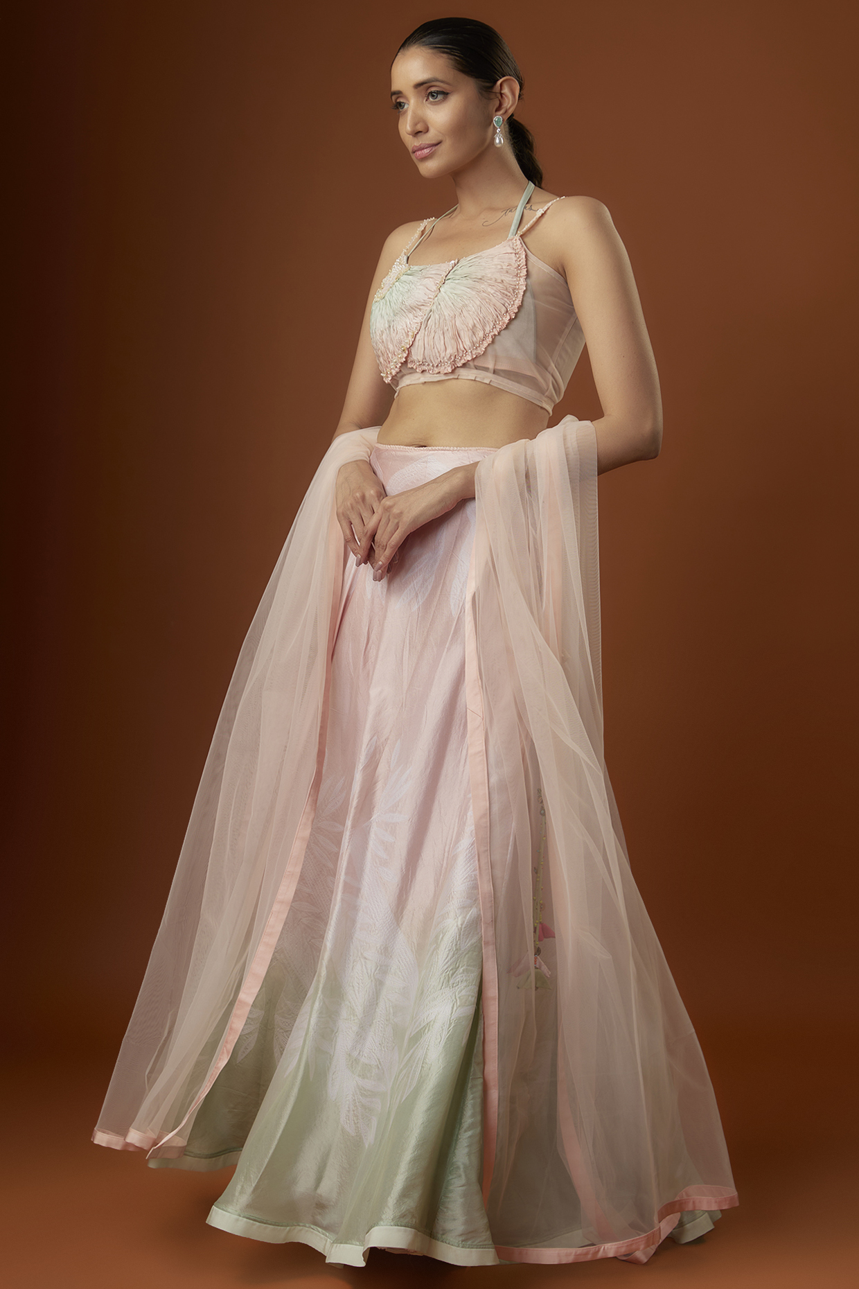Pastel Peach & Pistachio Pure Silk Wedding Lehenga Set by Script at Pernia's Pop Up Shop