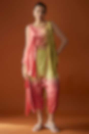 Pastel Peach & Lime Satin Dhoti Set by Script at Pernia's Pop Up Shop