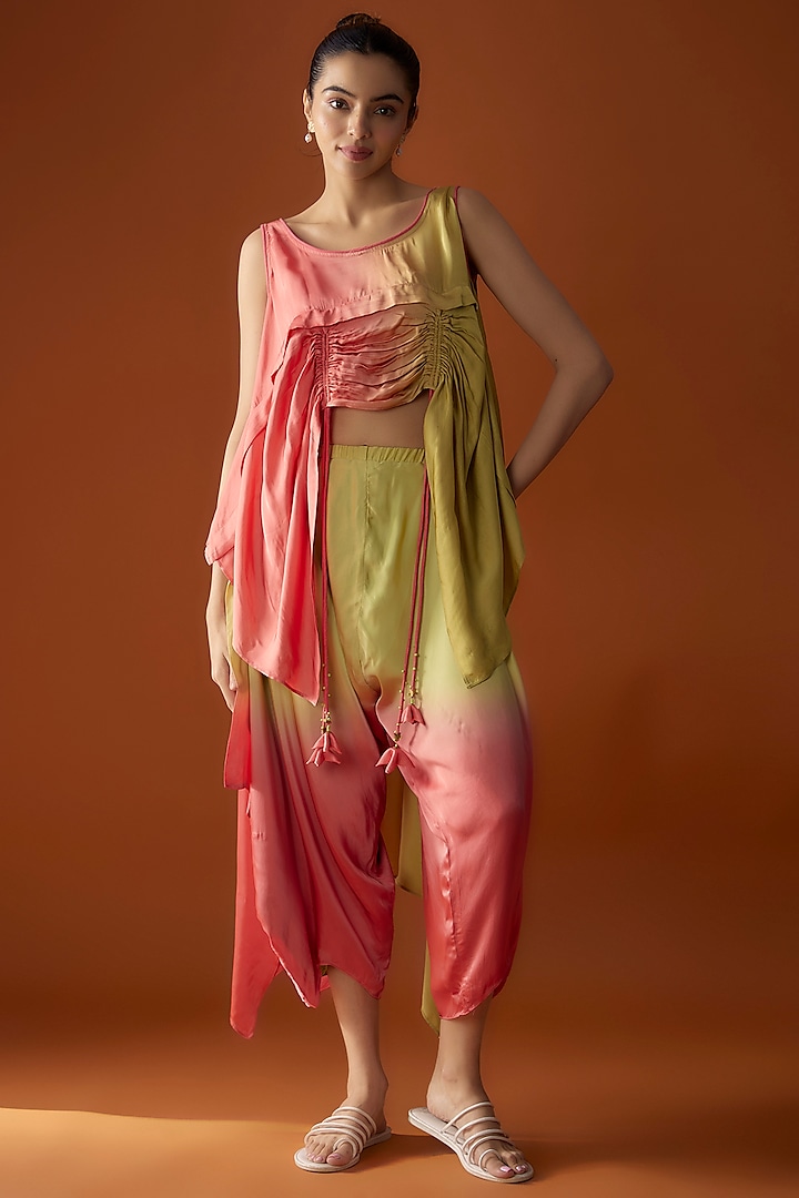 Pastel Peach & Lime Satin Dhoti Set by Script at Pernia's Pop Up Shop