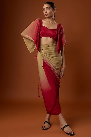 Red & Olive Ombre Crepe Wrap Skirt Set by Script