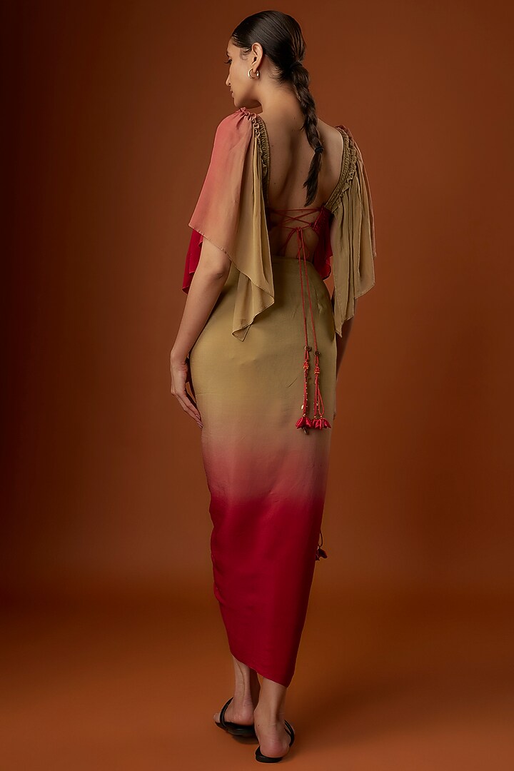 Red & Olive Ombre Crepe Wrap Skirt Set by Script at Pernia's Pop Up Shop