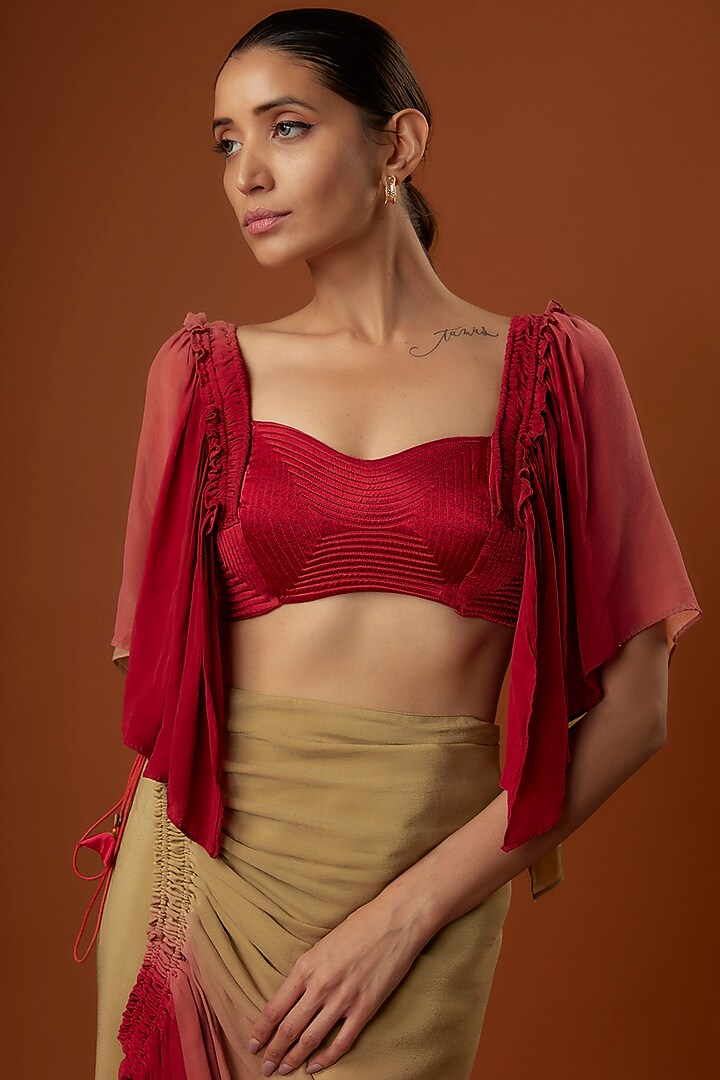 Red & Olive Ombre Crepe Wrap Skirt Set by Script at Pernia's Pop Up Shop