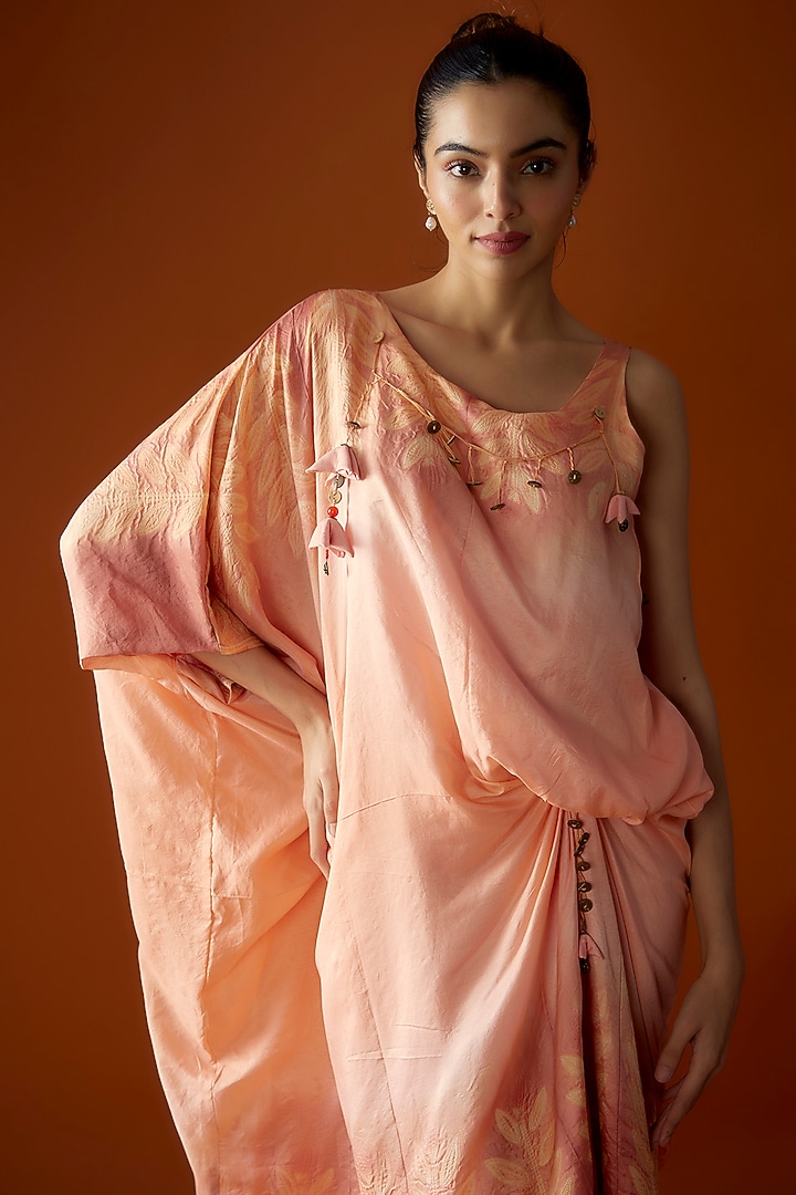Peach Silk Draped Midi Vacation Dress by Script at Pernia's Pop Up Shop