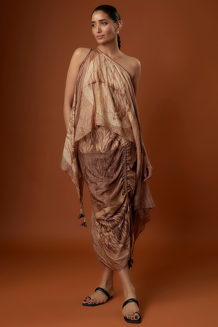 Brown Tussar Silk Skirt Set by Script