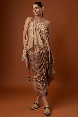 Brown Tussar Silk Skirt Set by Script