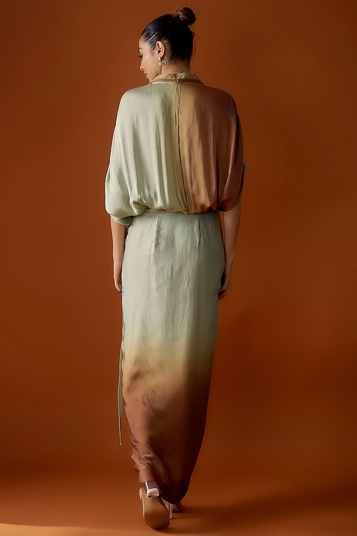 Pistachio & Coffee Satin Draped Maxi Vacation Dress by Script at Pernia's Pop Up Shop